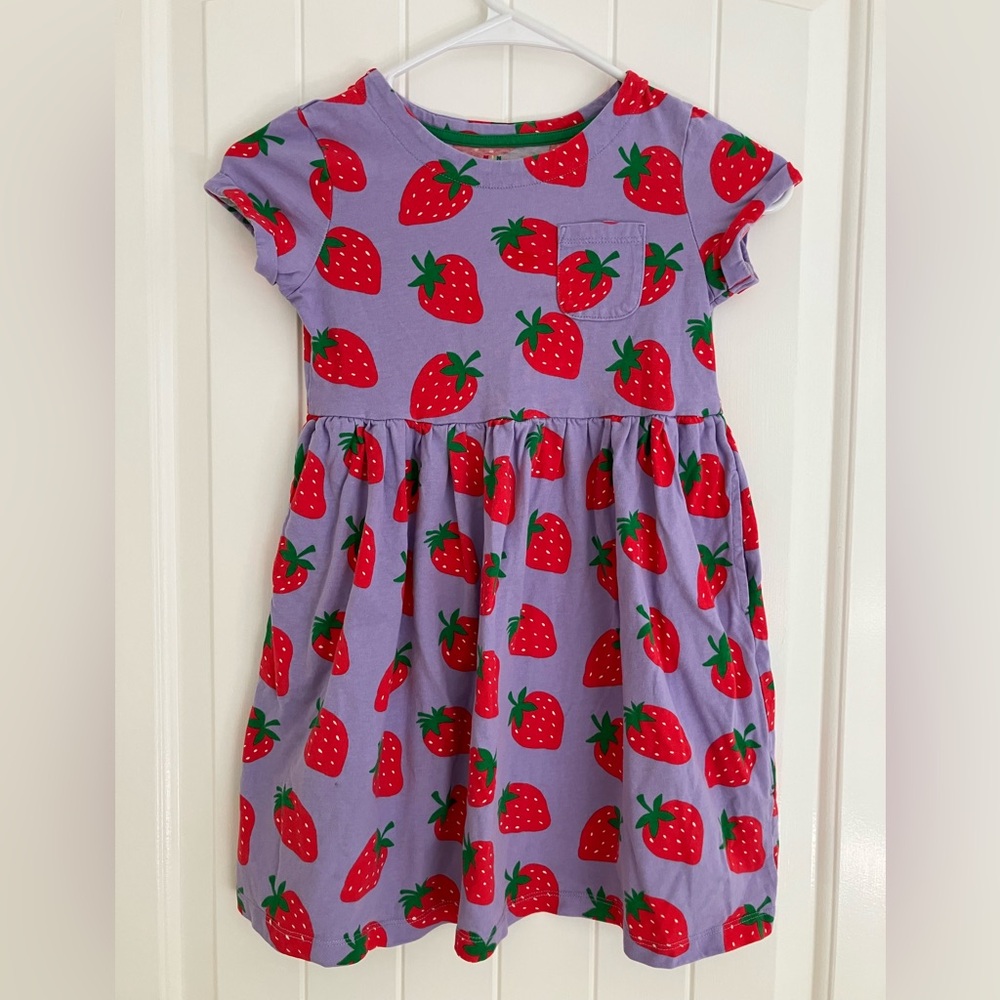 Mini Boden Short Sleeve Jersey Dress with Red Strawberry Print and Pockets